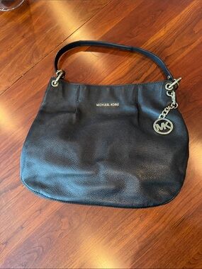 Michael Kors Black Leather Shoulder Bag with Gold MK Charm